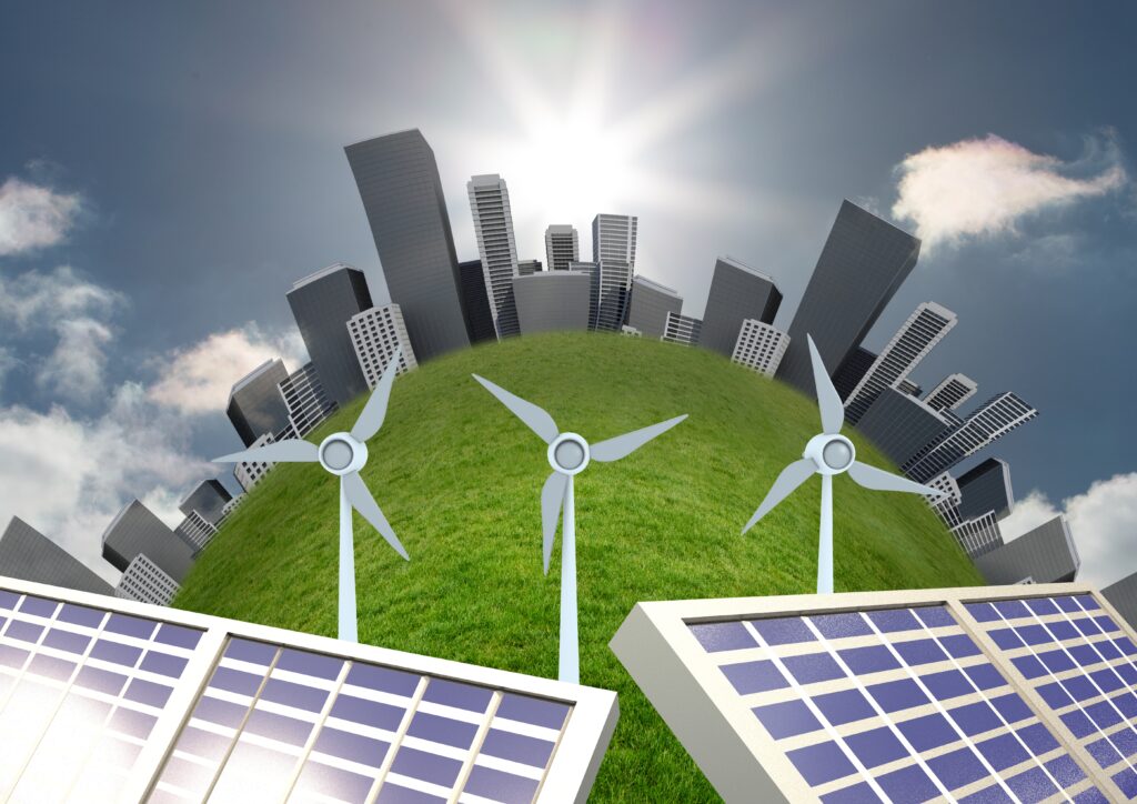 Wind turbine and solar panels against cityscape Renewable Energy Technologies 2025