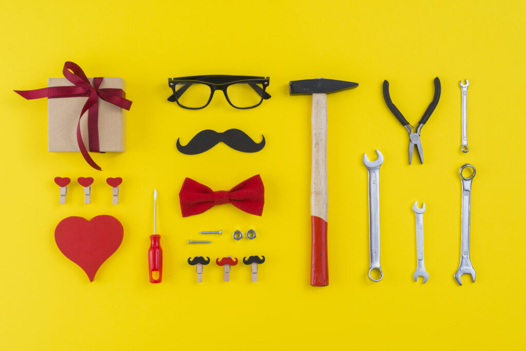 tools-with-gift-box-paper-mustache-heart